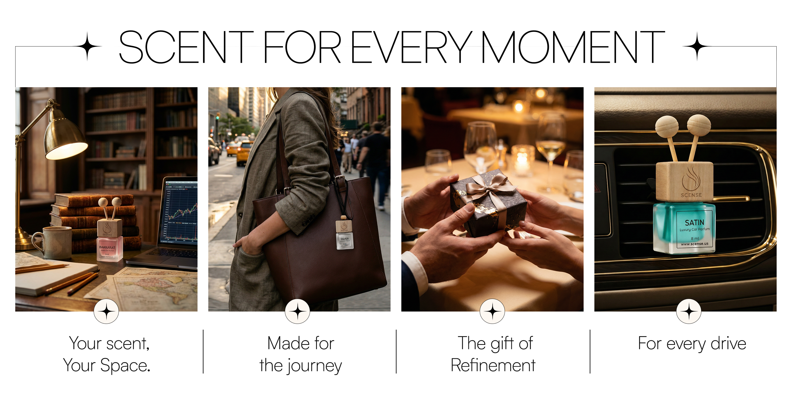 An advertisement banner titled "SCENT FOR EVERY MOMENT" with sparkling decorative accents.